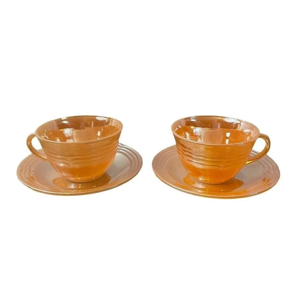 Fire-King Peach Lustre Laurel Tea Cup and Saucer Set 2pc Mid-Century Milk Glass